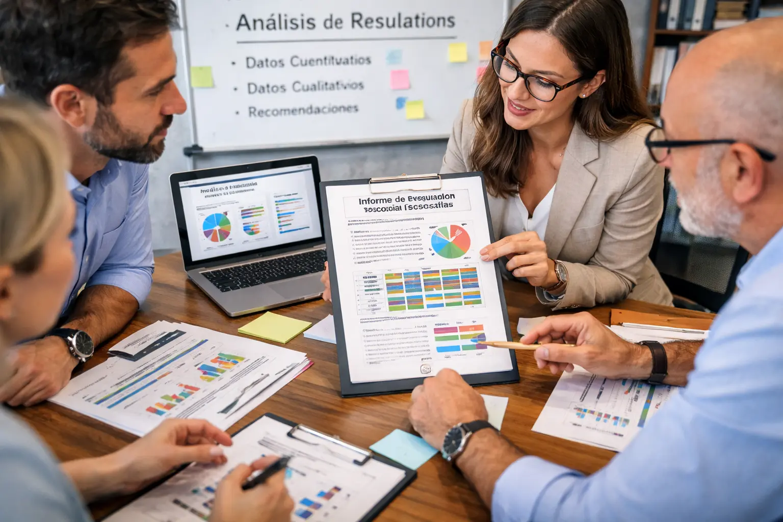 Reunión profesional de equipo analizando los resultados de una evaluación de riesgos psicosociales, con gráficos y datos en un informe impreso y pantallas de ordenador mostrando resultados cuantitativos y cualitativos