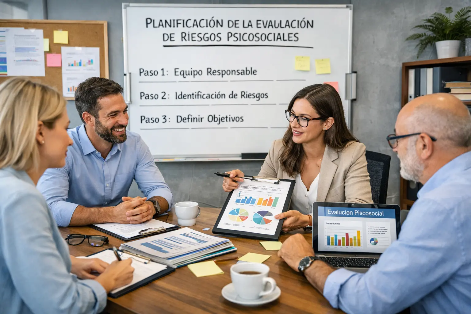 Planificación de la evaluación de riesgos psicosociales en una reunión de equipo en oficina, con gráficos y datos sobre evaluación psicosocial en un ordenador portátil y hojas de trabajo sobre la mesa